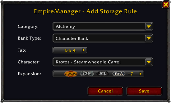 EmpireManager, Add Storage Rule dialog