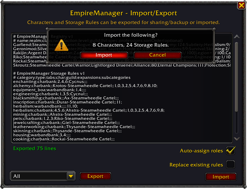 Confirmation dialog showing the number of characters and rules detected in the pasted text