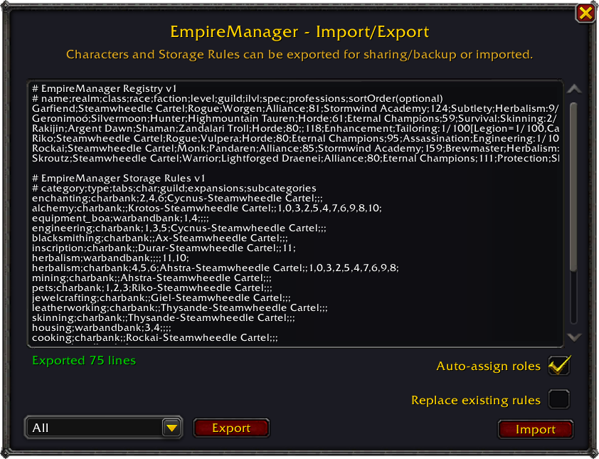 The Import/Export window with exported Characters and Storage Rules in the editor