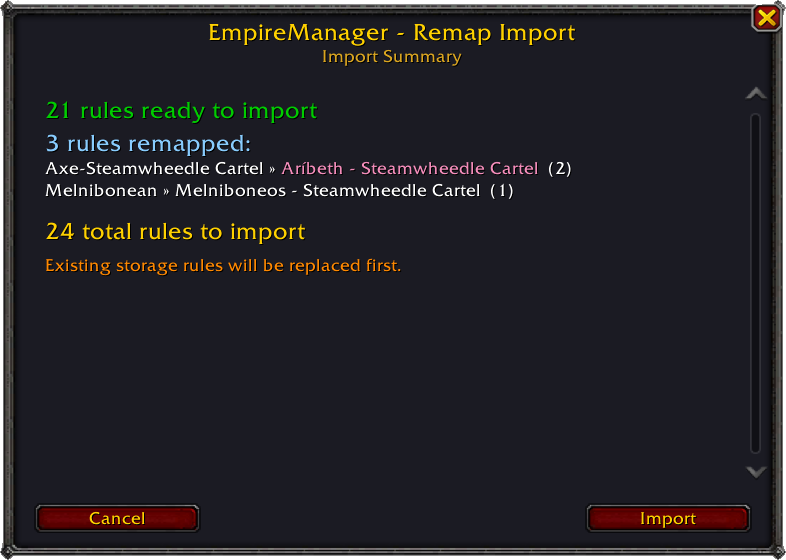 Remap import summary showing rules ready to import, rules remapped, and total rules to import