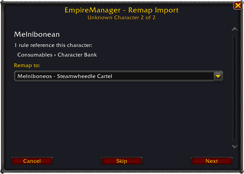 Remap dialog asking the user to pick a replacement character for an unresolved rule