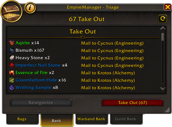 EmpireManager, Triage at the bank with Stash button visible