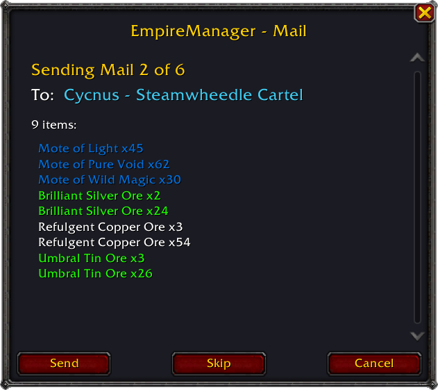 Per-recipient mail confirmation dialog showing the recipient name and item list