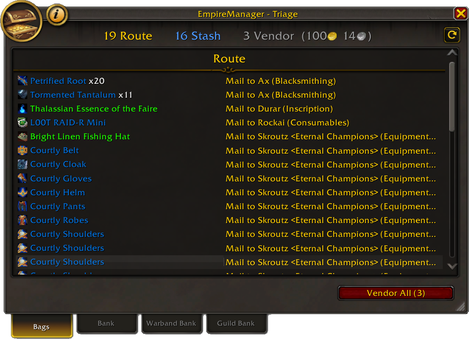 The Bag Triage window with items grouped into Route, Stash, and Vendor sections