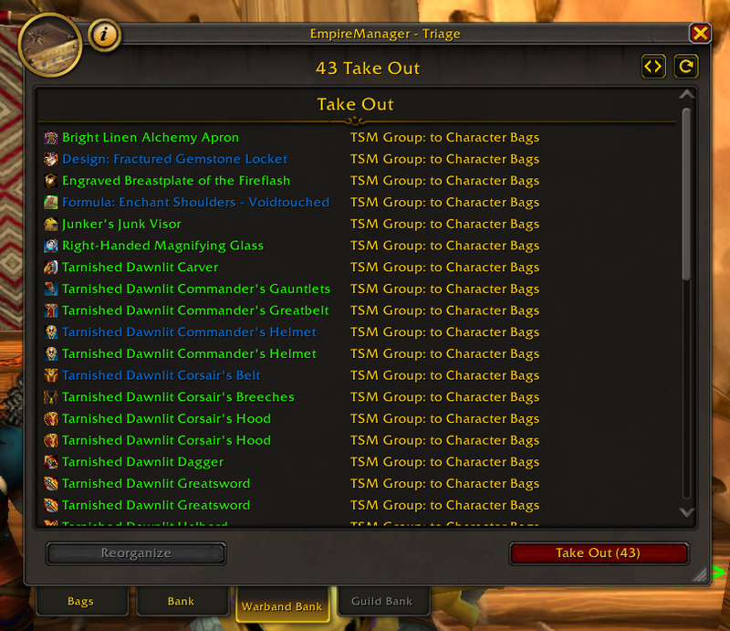 Warband Bank to Bags: the same group staged for withdrawal